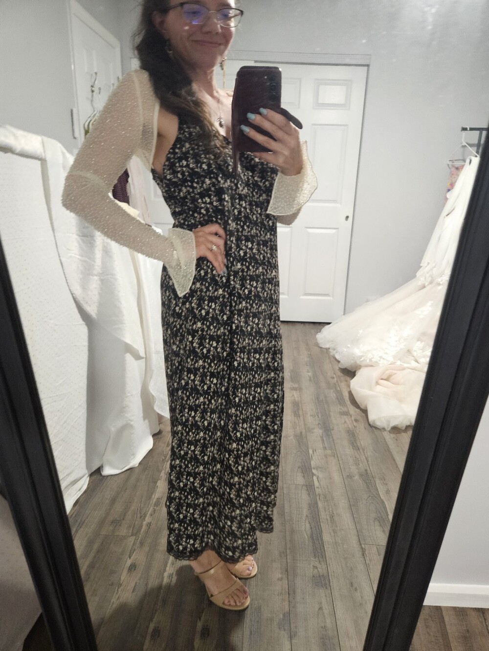 Black Floral Slip Maxi Dress with Cream Print